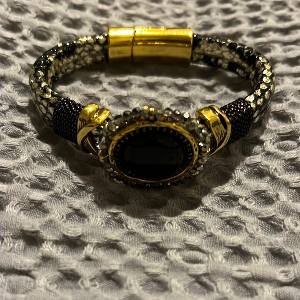 Laura Janelle Black Stone and Gold Bracelet with silver and black snakeskin look